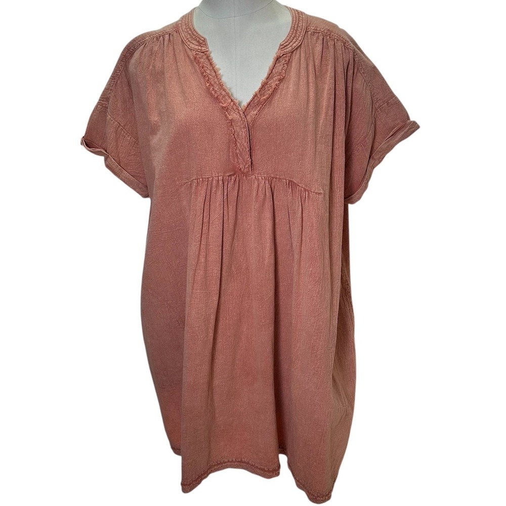 Mustard Seed Dress Womens Medium Terracotta Cotton Frayed V-Neck Pleated Shift